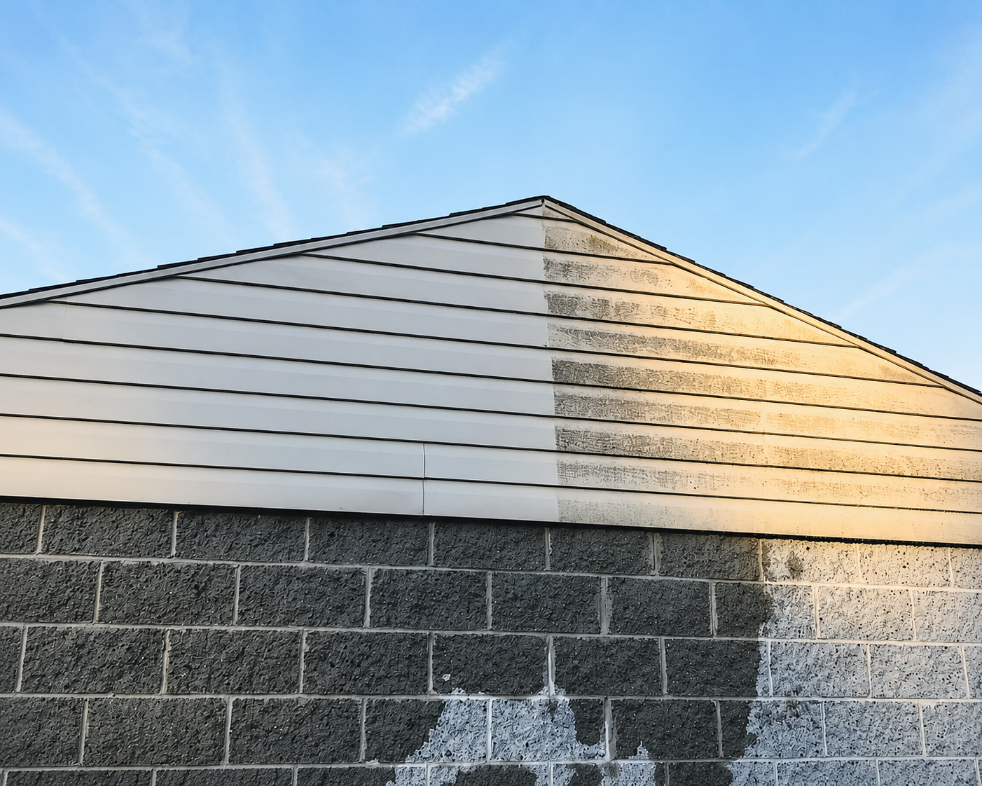 Building exterior: left half clean, right half dirty. Dramatic before and after comparison.